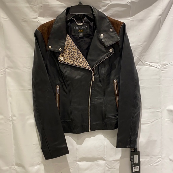 NEW Bernardo Suede Leopard Detail Leather Moto Zip Mixed Media Jacket Womens M - Picture 4 of 8